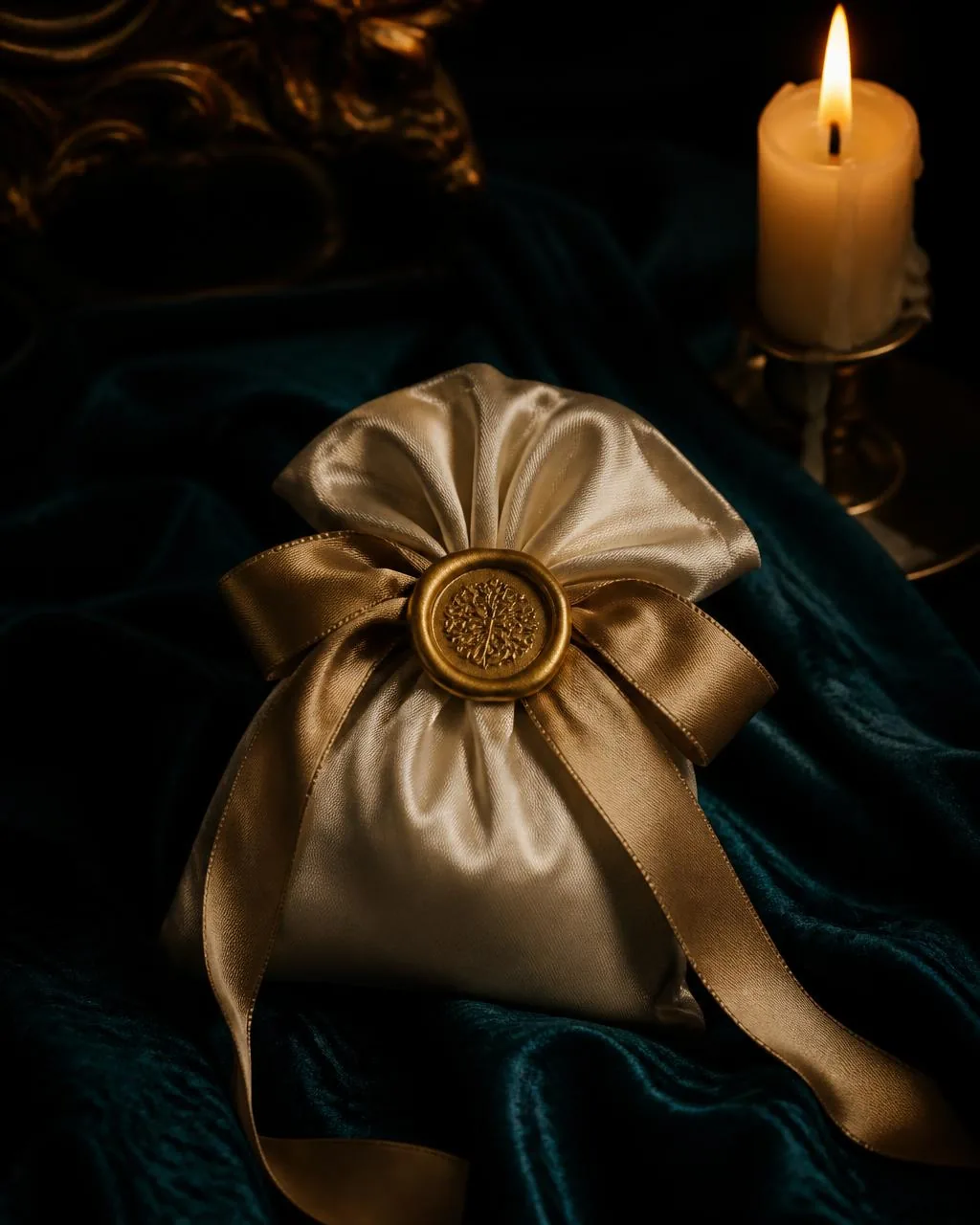 A sealed pearl pouch finished with a wax seal and ribbon