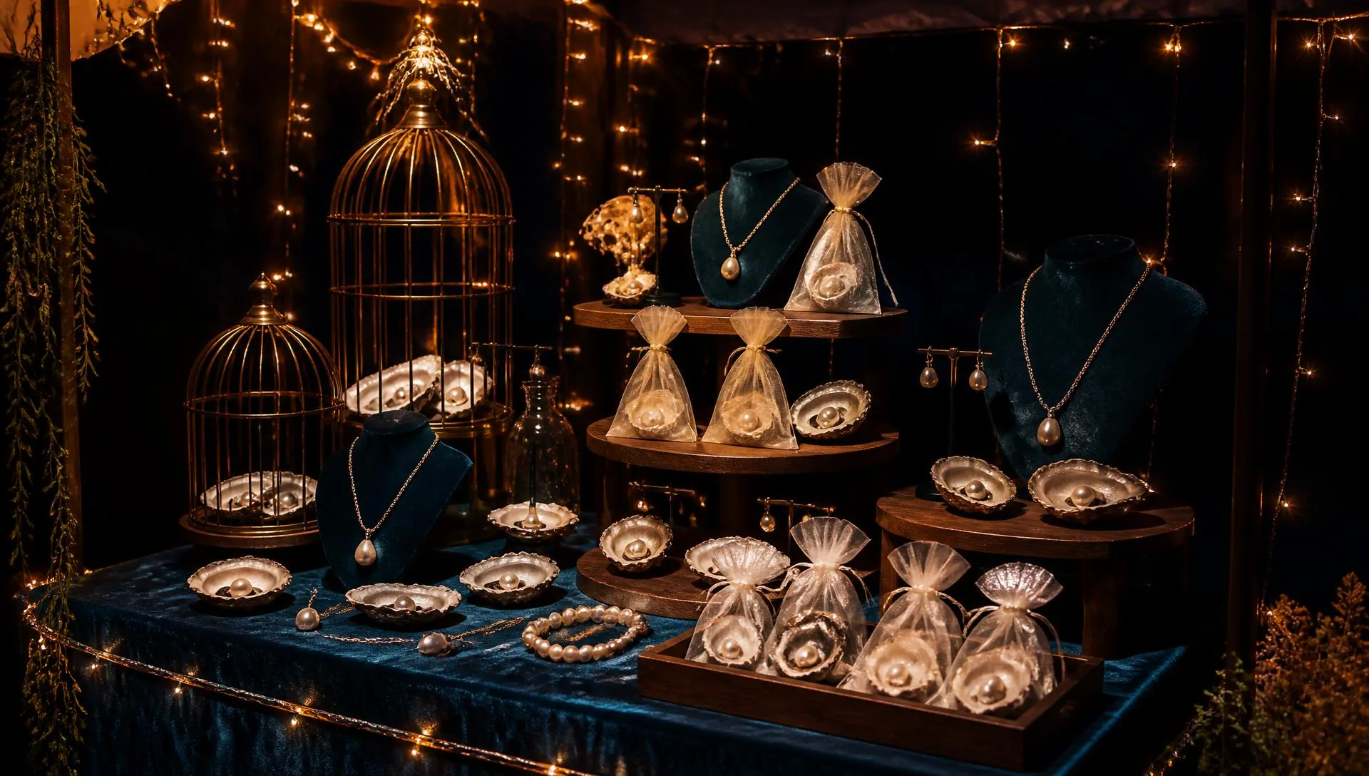 Secrets of the Shell craft fair table styled with sealed oysters and pearl jewelry