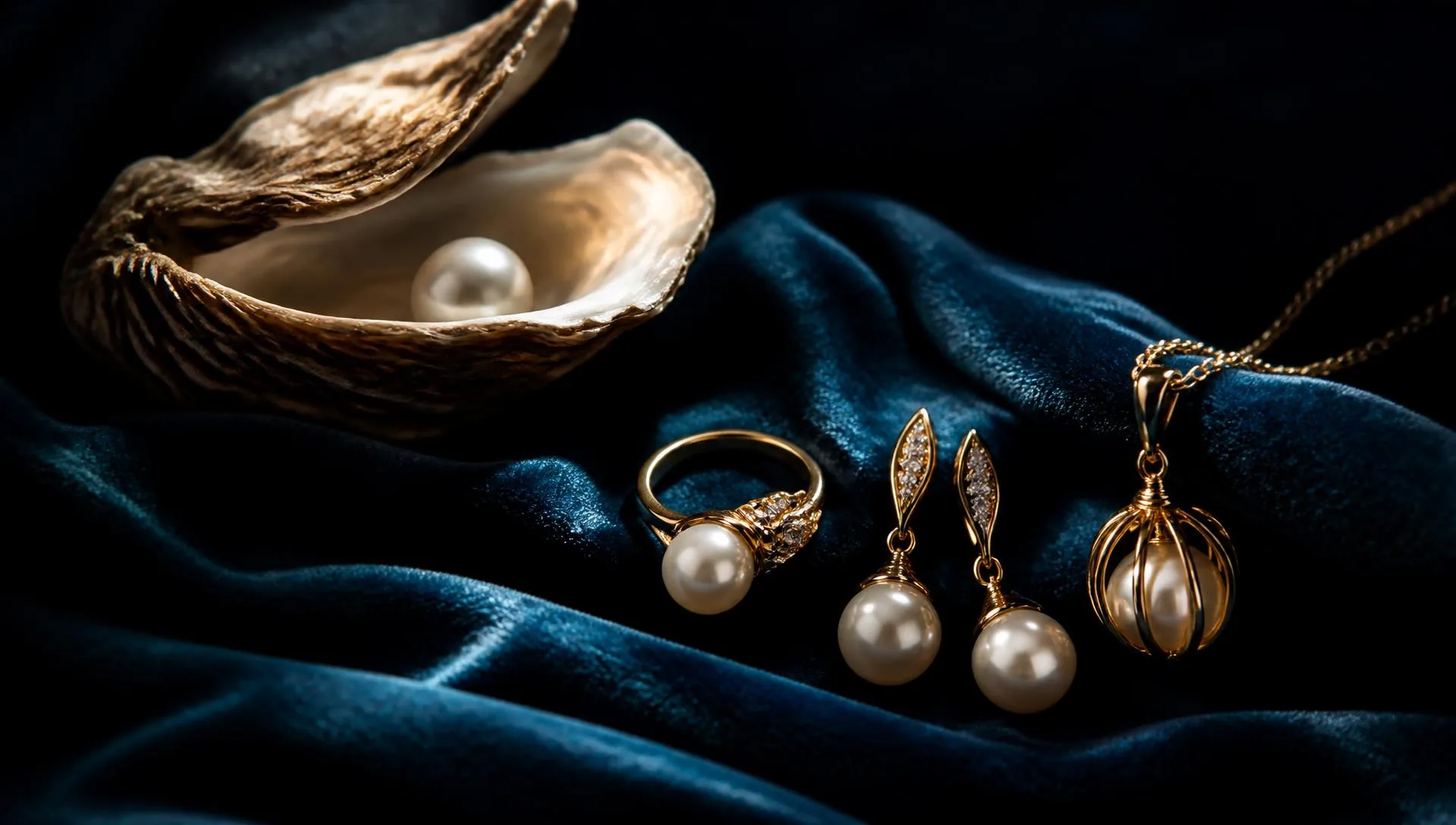 Pearl jewelry arranged on deep teal velvet under warm golden light