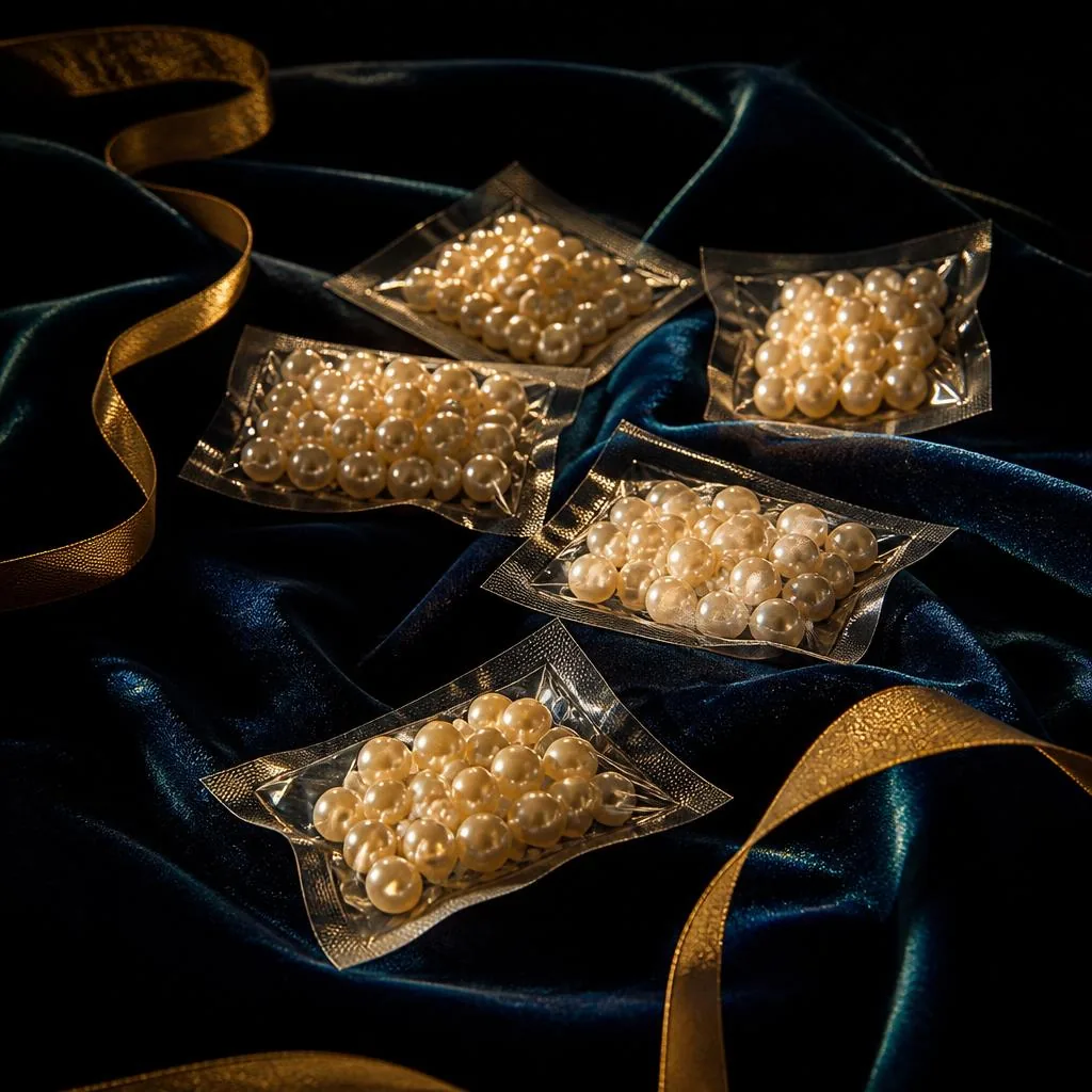 Vacuum sealed pearl pouches resting on dark velvet